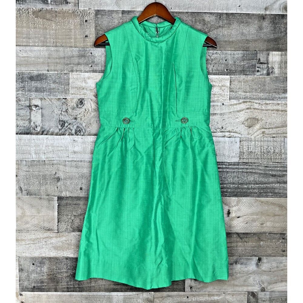 Vintage Peck & Peck Fifth Ave New York Green Shift Dress Button & Gems Bling 60s